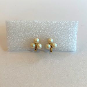 Pearl cluster clip earrings, rhinestone center